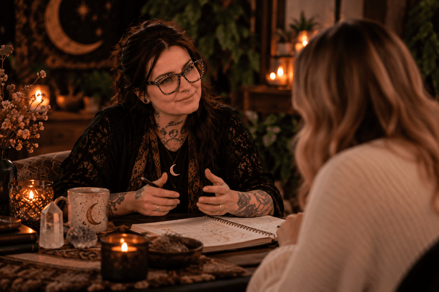AI-created editorial concept based on the founder: two women in conversation at a candlelit table.