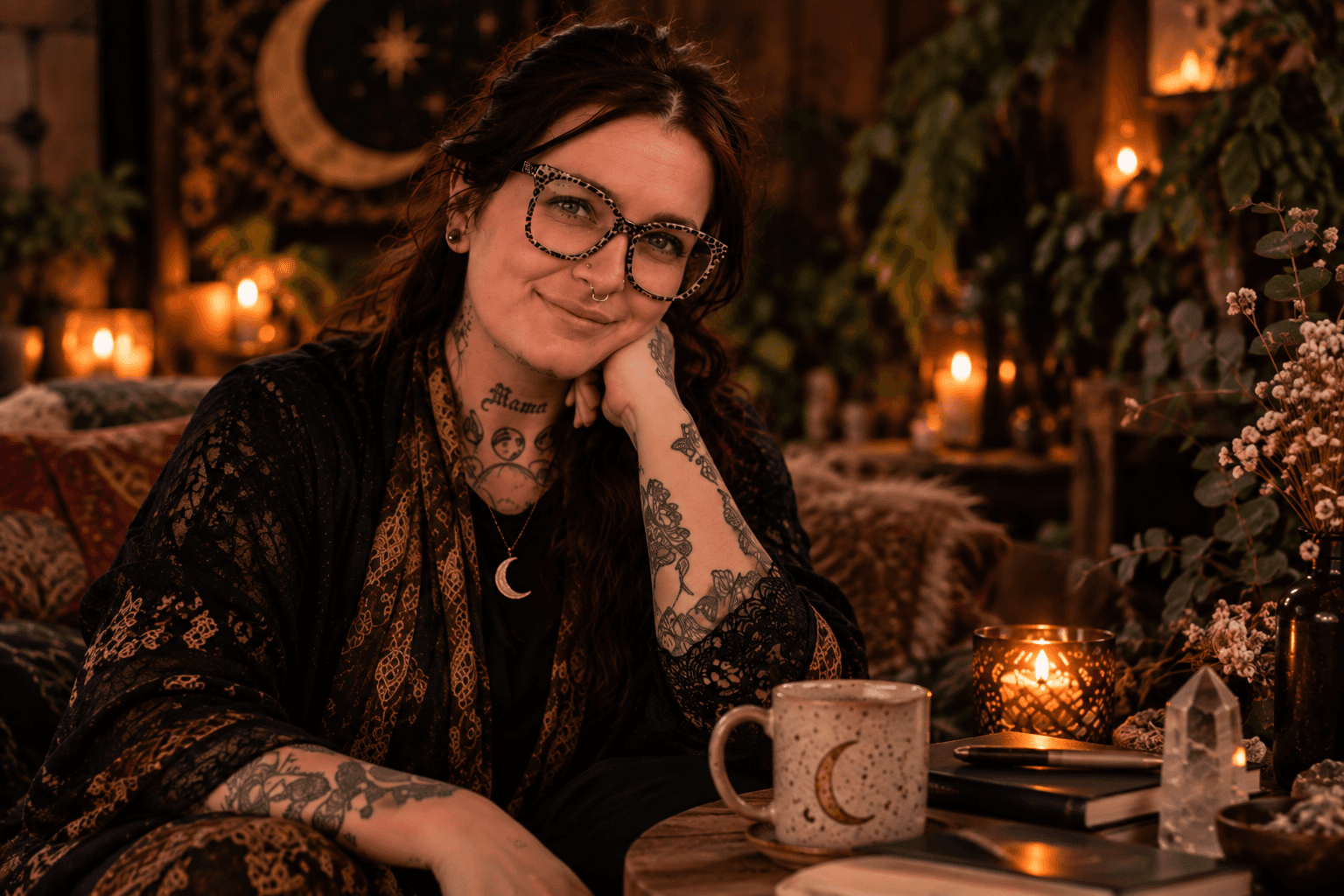 AI-created editorial portrait based on the founder, looking towards the camera in a warm candlelit room.