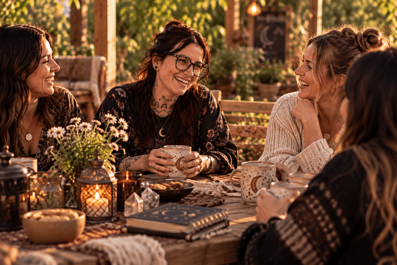 AI-created editorial concept: women sharing coffee and conversation around a sunlit garden table.